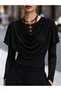 Black Blouse with Cape Detail and Open Collar, Long Sleeves.
