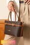 Meyra Double-Buckle Monogram Pattern Adjustable Strap Brown Tote Bag for Women, Suitable for Shoulder and Crossbody Use.