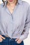 Women's Summer Gray Melange Shirt with Ruffle Detail and Stone Print on the Front, Detailed Stripes 10087