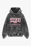 911 Pink Printed Oversized Unisex Washed Black Hoodie.