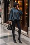 Textured Satin Oversized Teal Women's Zipper Basic Balloon Jacket - 3