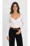 Women's Ecru Double-Breasted Wrap Neckline, Plunging Neckline, Long-Sleeved Sandy Fabric Blouse - 7