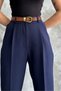 Women's Narrow Leg Pleated Carrot Pants with Belt (Included) Made of Transitional Fabric - 2