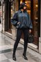 Textured Satin Oversized Teal Women's Zipper Basic Balloon Jacket - 2