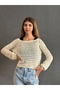 S/M Hand-Knitted Ecru Women's Lace-Up Blouse - 3