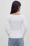 Women's White Long-Sleeved Boat Neck Blouse, Cotton Ribbed Knit with Corded Fabric - 2