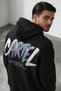 Men's Oversized Hooded Black 3-Ply Brushed Inside Sherpa Sweatshirt with Cartel Print and Kangaroo Pocket