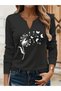 Printed Cotton-Stretch Fabric Half-V-Neck Long-Sleeve Blouse
