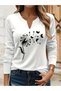 Printed Cotton-Stretch Fabric Half-V-Neck Long-Sleeve Blouse