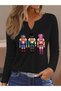 Printed Cotton-Stretch Fabric Half-V-Neck Long-Sleeve Blouse