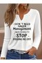 Printed Cotton-Stretch Fabric Half-V-Neck Long-Sleeve Blouse
