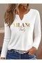 Printed Cotton-Stretch Fabric Half-V-Neck Long-Sleeve Blouse