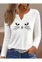 Printed Cotton-Stretch Fabric Half-V-Neck Long-Sleeve Blouse