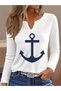 Printed Cotton-Stretch Fabric Half-V-Neck Long-Sleeve Blouse