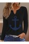 Printed Cotton-Stretch Fabric Half-V-Neck Long-Sleeve Blouse