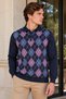 Men’s Polo Collar Wool Sweater with Diamond Patterned Design on the Front, Y.A., Navy Blue - 2