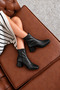 Women's Black Textured Stretch Véron Square-Toe Boots with Side Zipper and Heels - 7