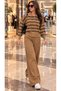 Women's polo collar, striped button-down knit two-piece set with wide-leg pants and long sleeves