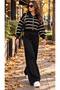 Women's polo collar, striped button-down knit two-piece set with wide-leg pants and long sleeves - 2