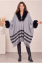Women's Fur-Trimmed, Tasseled Knit Long Poncho with Buttons, Fur Collar, Winter Cape, Shawl