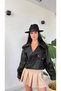 Women's Oversized Cropped Leather Jacket with Pocket Detail and a Detailed Belt