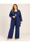 Plus-Size Cardigan-Style Knit Set with Brooch Details, Navy Blue