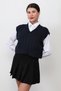 Women's Navy Blue V-Neck Cropped Knit Sweater with Braided Pattern - 4007