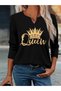 Printed Cotton-Stretch Fabric Half-V-Neck Long-Sleeve Blouse