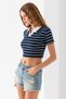 Women's Polo-Neck Striped Cotton T-Shirt, Navy and White - 25795 - 4