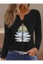 Printed Cotton-Stretch Fabric Half-V-Neck Long-Sleeve Blouse