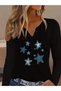 Printed Cotton-Stretch Fabric Half-V-Neck Long-Sleeve Blouse