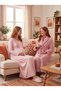 New Season Pink Fleece Robe with Shawl Collar, Winter-Style, Full-Length, Button-Up Design, Long-Sleeved Maternity and Postpartum Robe and Nightgown 2-Piece Set - 2