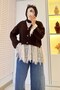 Premium Lace-Detailed, Ruched-Sleeve Knit Cardigan - Brown - 4