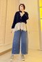 Premium Lace-Detailed, Ruched-Sleeve Knit Cardigan - Navy Blue - 8