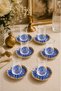 Set of 6 Glass Tea Cups and Patterned Porcelain Tea Saucers—Blue, Orange, and White Modern Pattern—12-Piece Set - 3