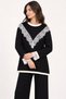 Women's Two-Piece Set with a Crew Neck Featuring Lace Details on the Front and Sleeve Ends, Paired with Corded Fabric Knit Pants - 6