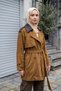 Suede Trench Coat with Leather Collar and Shoulder Details and a Belted Design, 530135, Camel - 4