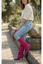Fuchsia Suede, Gored, Slim, Short-Heeled, Below-the-Knee Boots - 5
