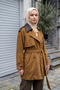 Suede Trench Coat with Leather Collar and Shoulder Details and a Belted Design, 530135, Camel