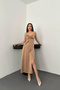 Women's Taupe Color Strapless Drapey Satin Dress - 2