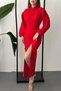 Women's Red Shirred Skirt Slit Dress - 4