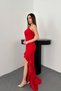 Women's Red Slit Flounce Dress - 2