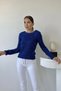 Women's Blue Knitted Textured Sweater with Beaded Details - 2