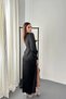 Women's Black Satin Dress with a Side Slit and Ruched Side - 5