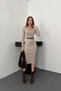 Women's Beige Knitted Textured Skirt with Slit Knit Dress - 2