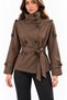 Women's Brown Short Mock Neck Trench Coat with Epaulets, Buttons, Lining, and Belted Design - 2