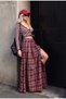 Women's Burgundy Plaid S6-35 Maxi-Length Skirt with Slit Detail, Cotton