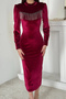 Women's Burgundy Stretch Fabric Shimmering Velvet Dress - 4