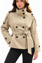 Women's Beige Mock Neck, Epaulet, Button-Front, Lined, Belted Short Trench Coat - 2