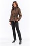 Women's Brown Short Mock Neck Trench Coat with Epaulets, Buttons, Lining, and Belted Design - 4